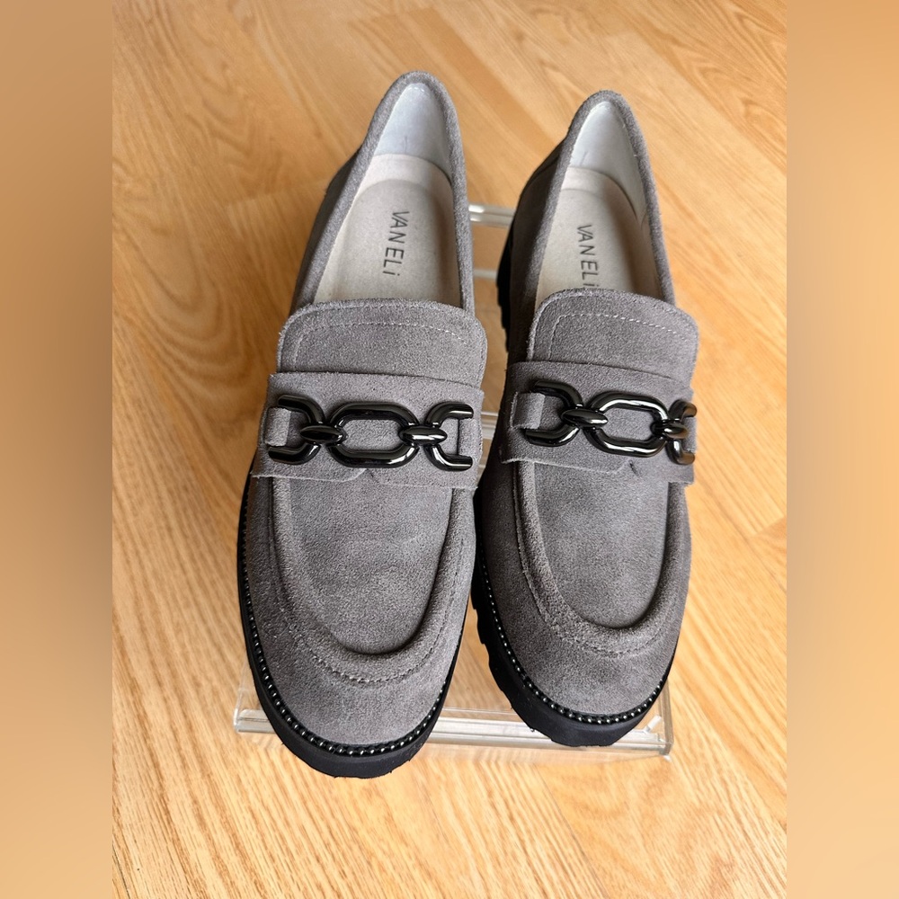Vaneli Grey Suede Lug Sole Loafers with Chain Detail - Size 8.5 N